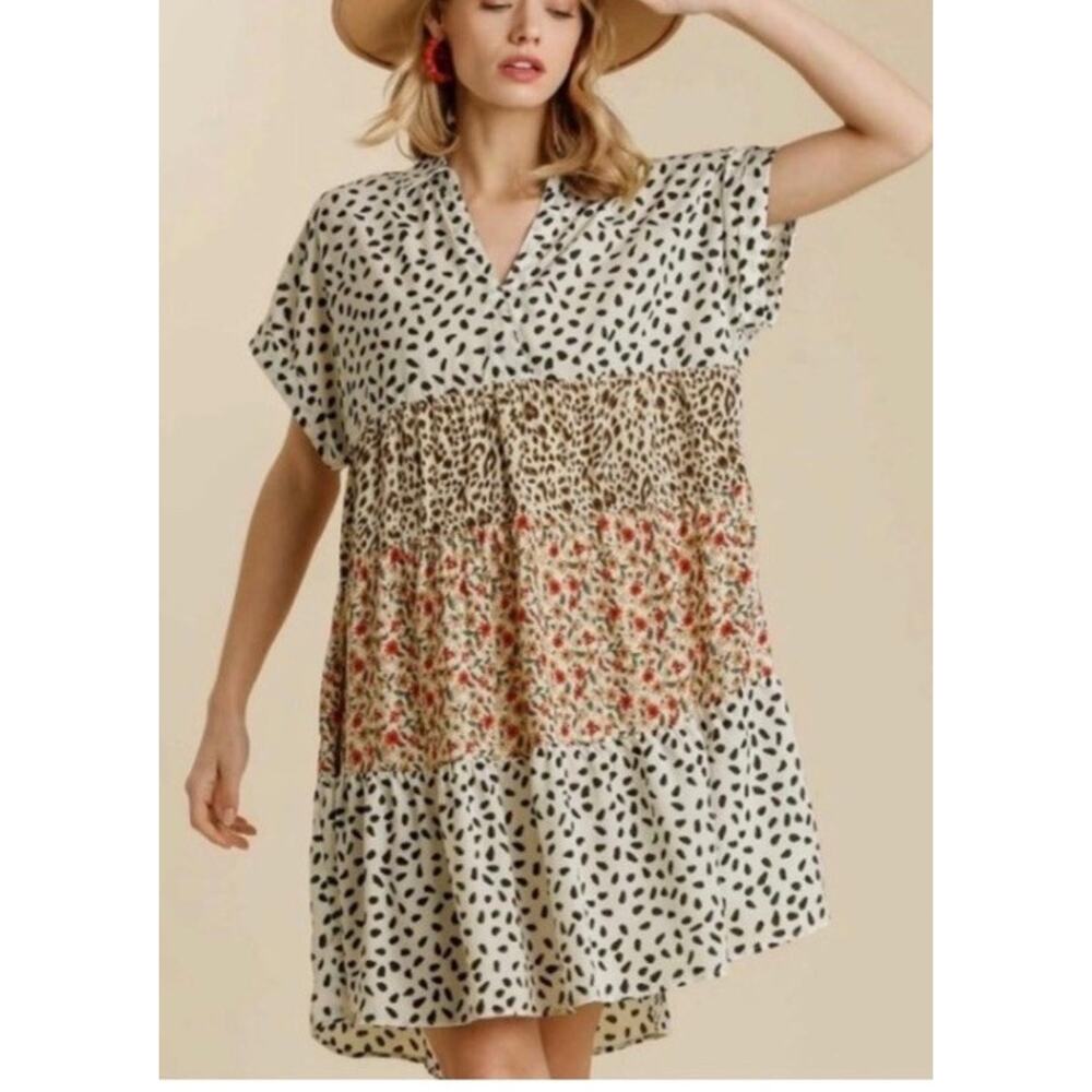Umgee Floral Leopard Print Short Sleeve Long Line Oversized Top Size S